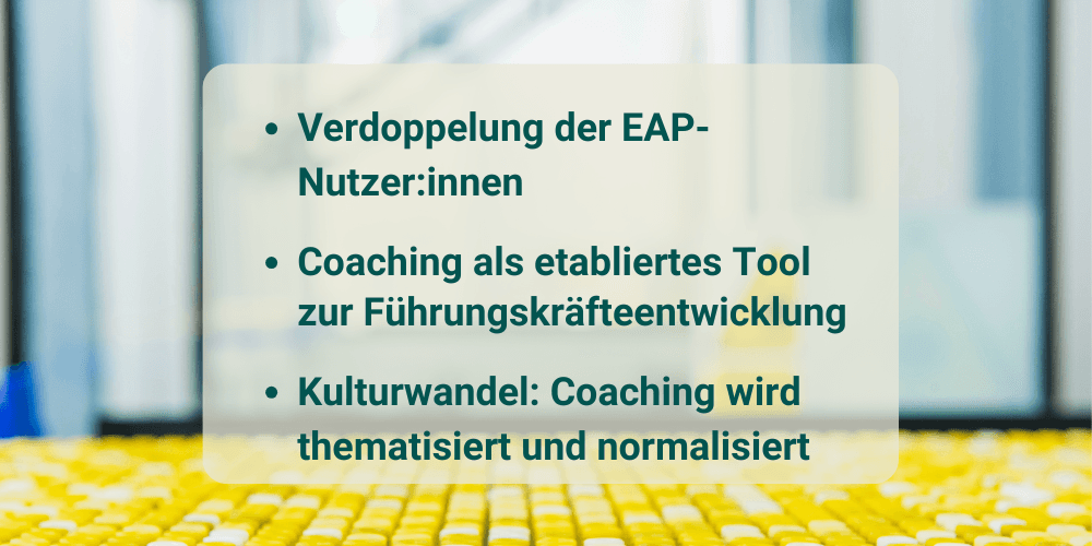 Mavie Work AstraZeneca Blog Ergebnisse Tolle Ergebnisse: Verdoppelung der EAP-Nutzer:innen, Coaching als etabliertes Tool zur Führungskräfteentwicklung, Kulturwandel: Coaching wird thematisiert und normalisiert.